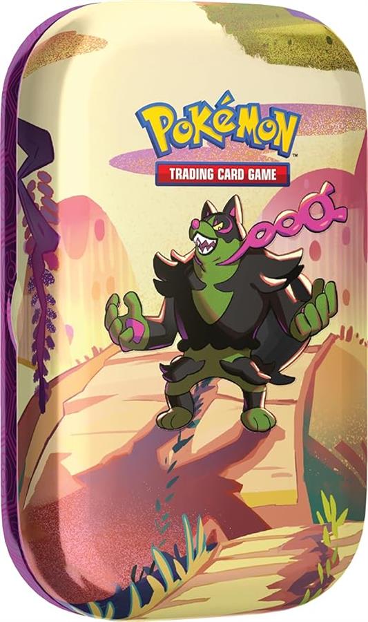 okémon TCG: Escarlata y violeta — Fábula envuelta en mini lata – Okidogi (2 paquetes de refuerzo y 1 hoja de calcomanías)